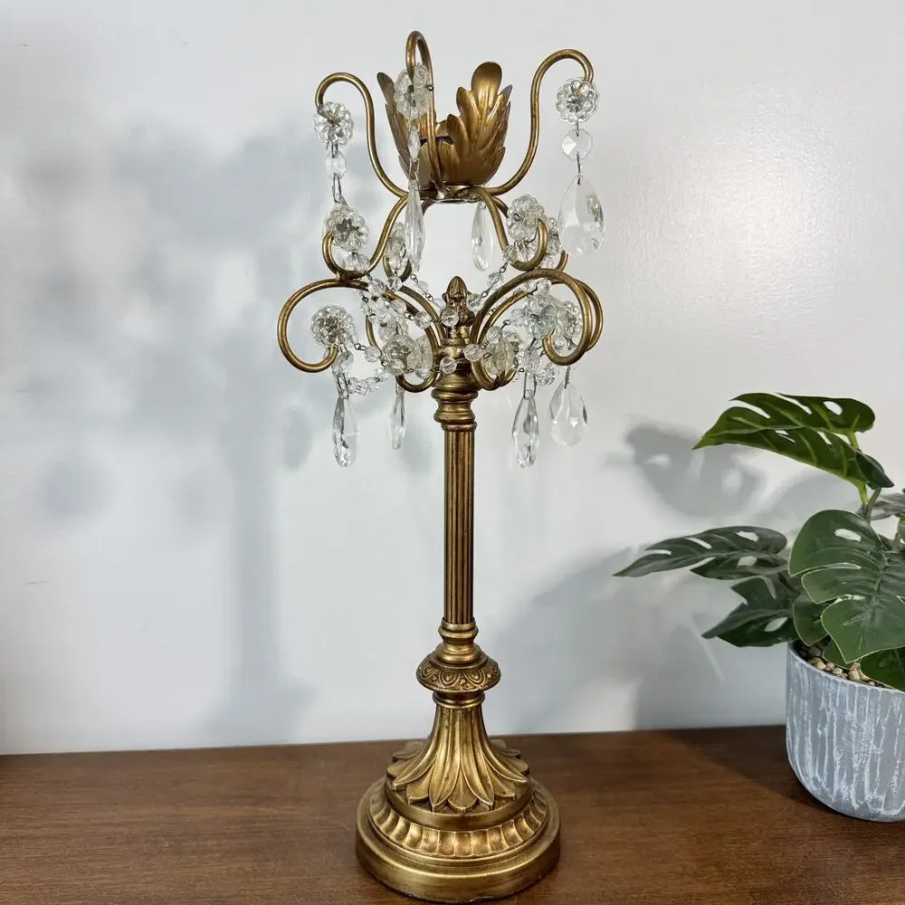 Vintage Style Gold Metal Candle Holder with Clear Crystal Prisms 16